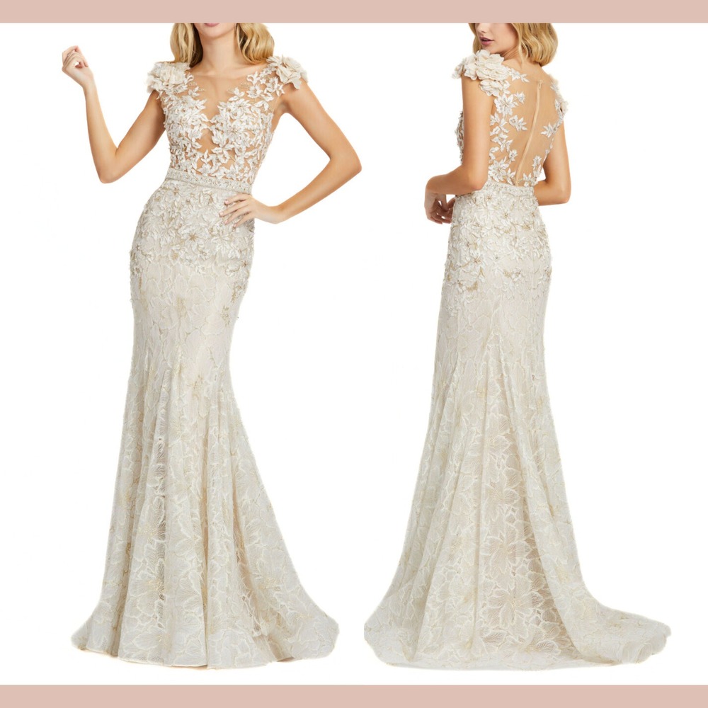 NWT Mac Duggal [ 8 ] 79268 High‎ Neck Shoulder Flower Detail Mermaid Gown J1653